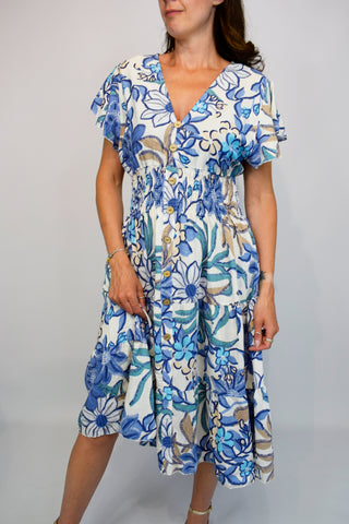 Aztec Flower Button Front Midi Dress - Blue