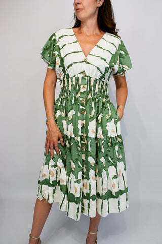 Aztec Tie Dye Button Front Midi Dress - Khaki