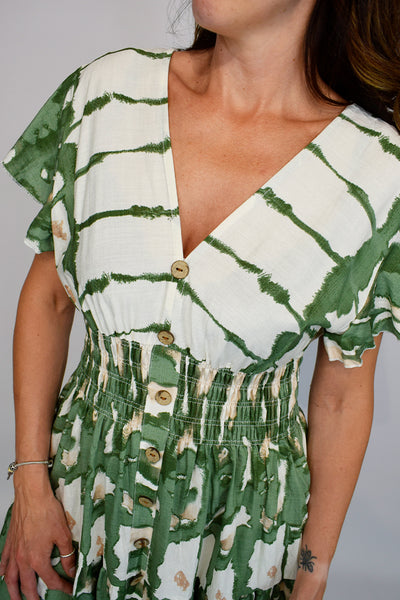 Aztec Tie Dye Button Front Midi Dress - Khaki