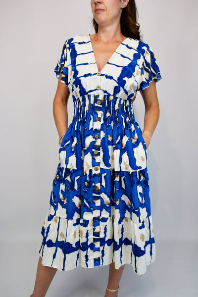 Aztec Tie Dye Button Front Midi Dress - Blue