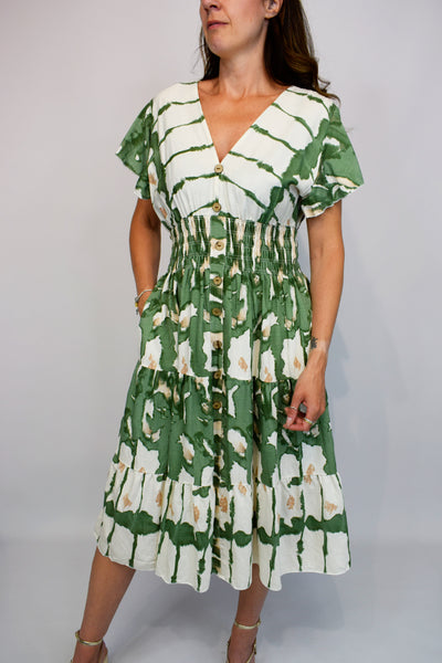 Aztec Tie Dye Button Front Midi Dress - Khaki