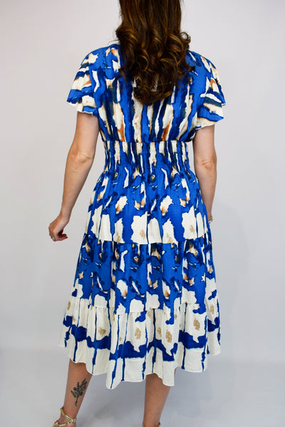 Aztec Tie Dye Button Front Midi Dress - Blue