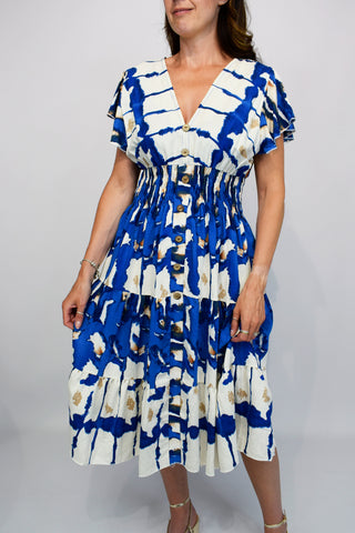 Aztec Tie Dye Button Front Midi Dress - Blue