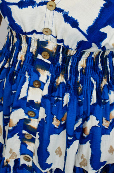Aztec Tie Dye Button Front Midi Dress - Blue