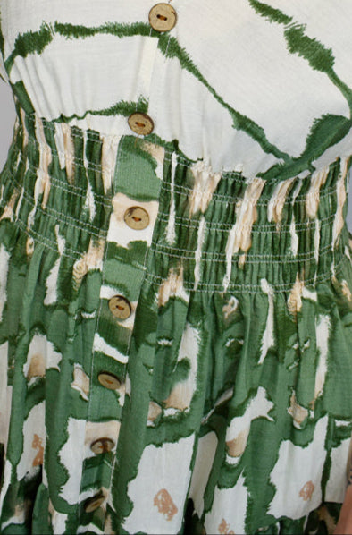 Aztec Tie Dye Button Front Midi Dress - Khaki