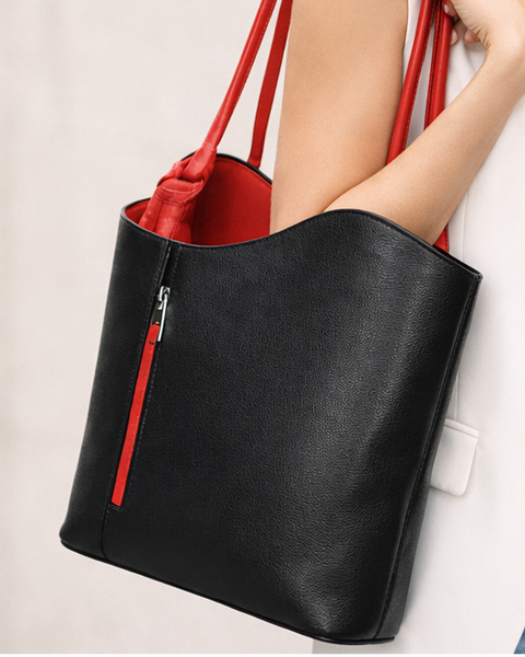 Italian Leather Pebble-Dash Backpack - Black Red
