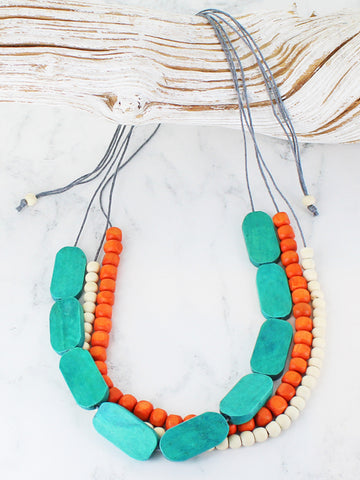 Three Strand Wooden Bead Necklace - Jade/Orange/Natural