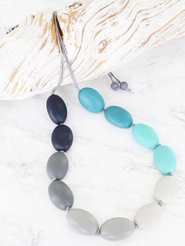 Long Resin Pebble Necklace - Blue & Grey