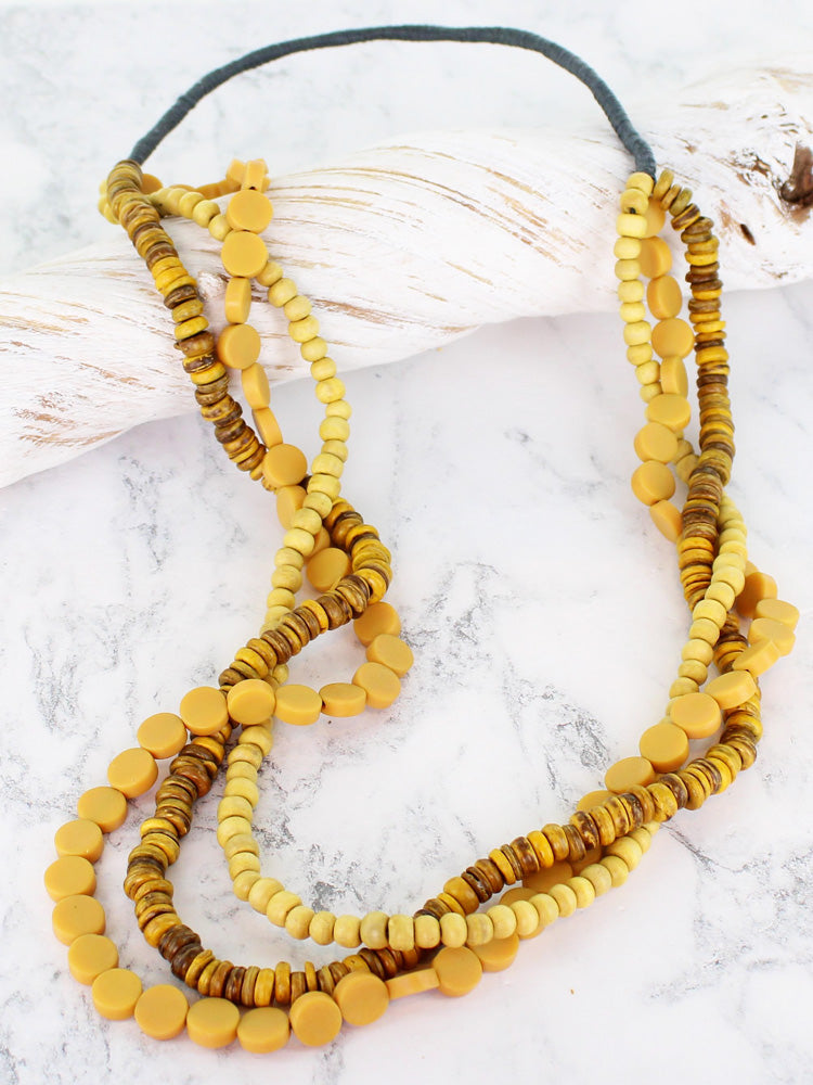 Long Triple Strand Necklace - Mustard/Brown
