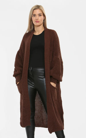 Brianna Bubble Sleeve Long Cardigan - Brown