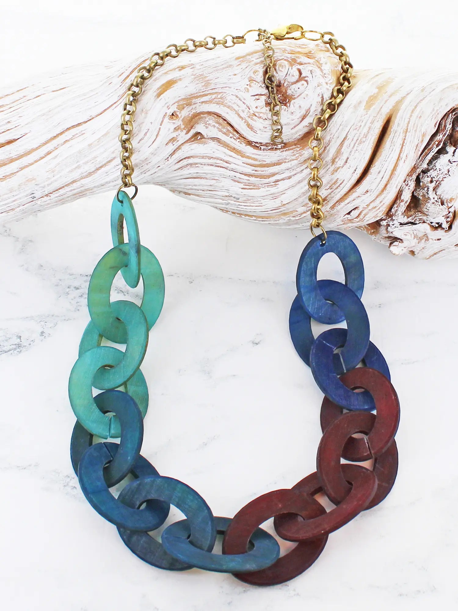 Wooden Linked Horn Loop Necklace - Blues & Reds