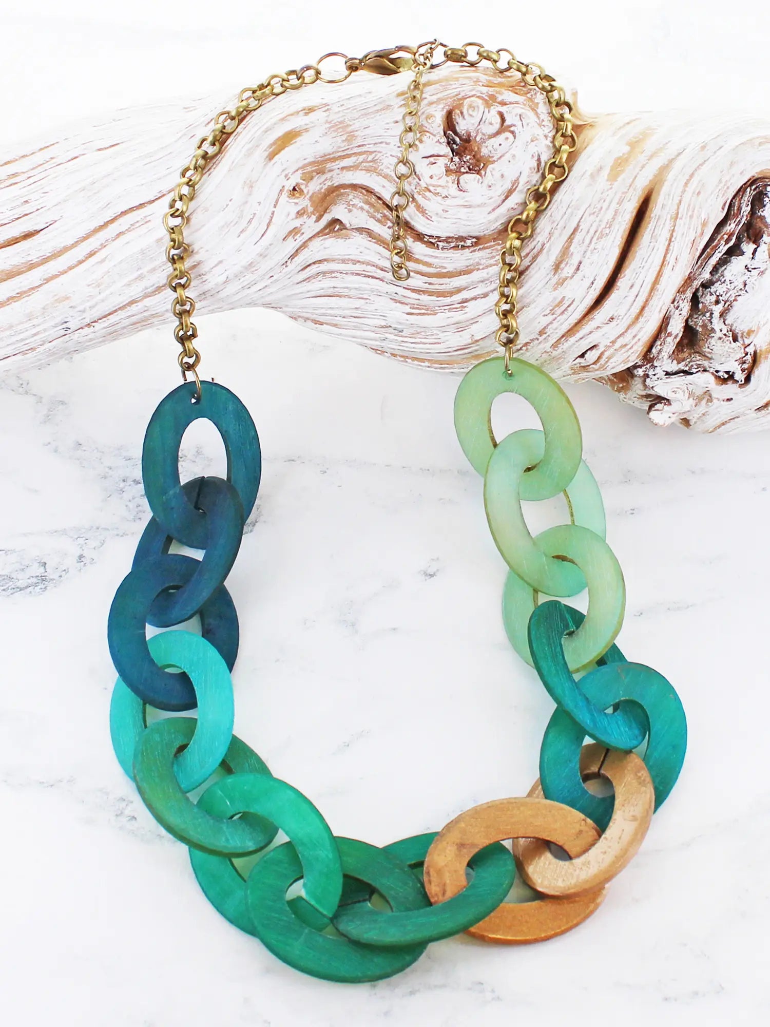 Wooden Linked Horn Loop Necklace - Ocean