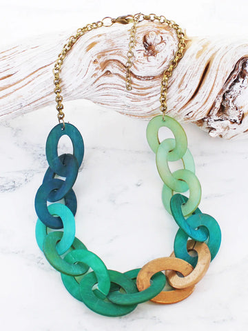 Wooden Linked Horn Loop Necklace - Ocean