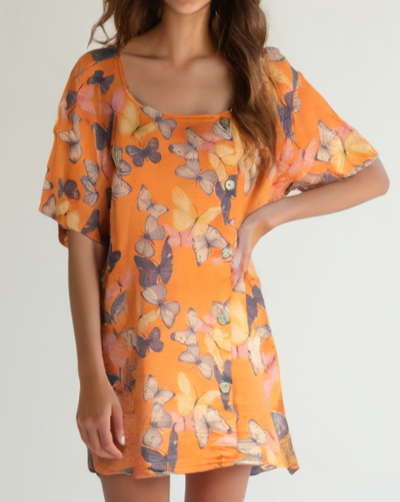 Butterfly Print Top with Buttons - Orange
