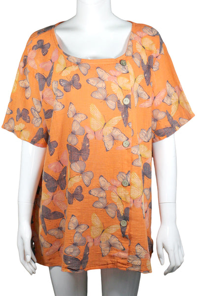 Butterfly Print Top with Buttons - Orange