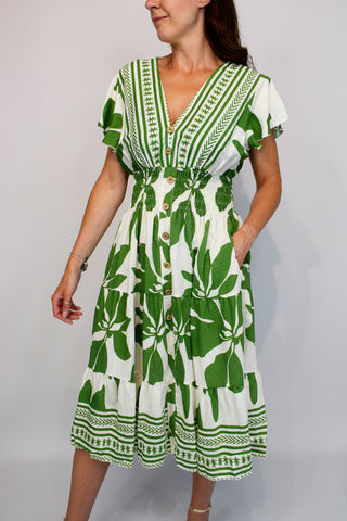 Bold Leaf Button Front Midi Dress - Apple