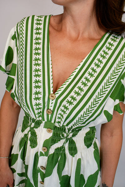 Bold Leaf Button Front Midi Dress - Apple