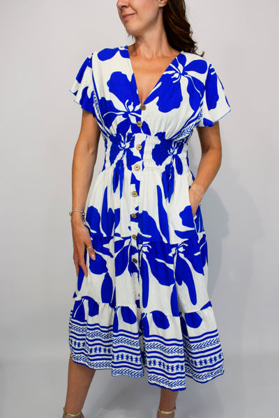 Bold Leaf Button Front Midi Dress - Royal Blue