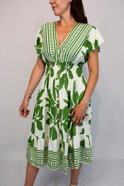 Bold Leaf Button Front Midi Dress - Apple