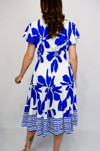 Bold Leaf Button Front Midi Dress - Royal Blue