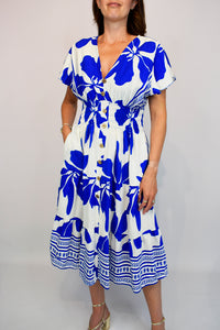 Bold Leaf Button Front Midi Dress - Royal Blue