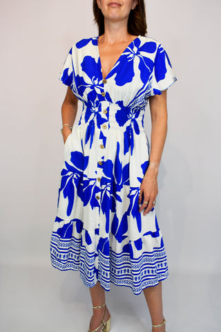 Bold Leaf Button Front Midi Dress - Royal Blue