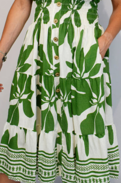 Bold Leaf Button Front Midi Dress - Apple