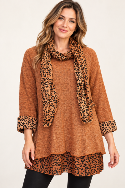 Animal Print Layered Knit & Scarf - Rust