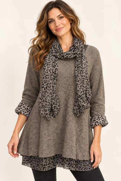 Animal Print Layered Knit & Scarf - Dark Brown