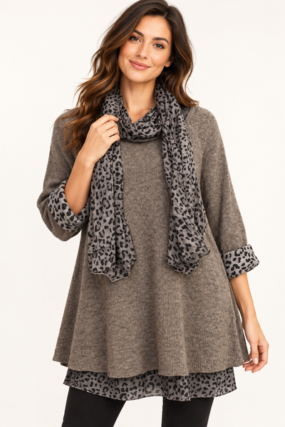 Animal Print Layered Knit & Scarf - Dark Brown