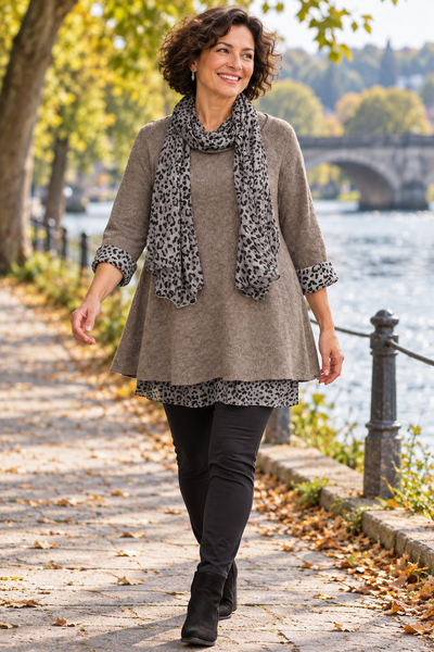 Animal Print Layered Knit & Scarf - Dark Brown