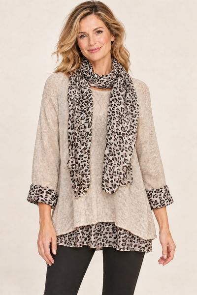 Animal Print Layered Knit & Scarf - Cream