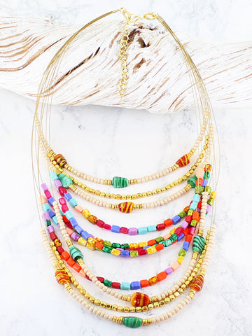 Beaded Wooden & Resin Collar Necklace - Multi