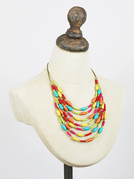 Multi Strand Wood & Resin Necklace - Mixed Colours