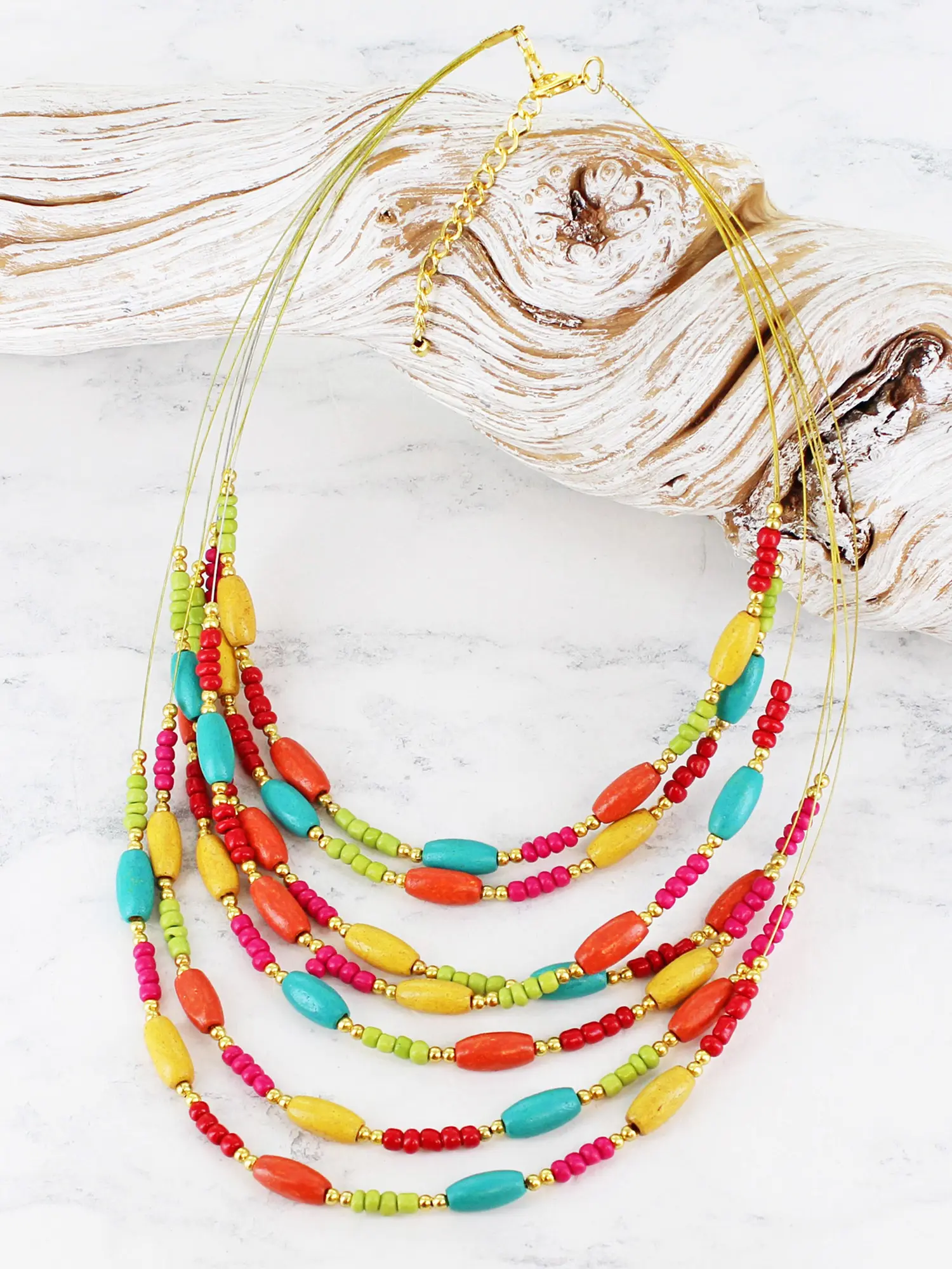 Multi Strand Wood & Resin Necklace - Mixed Colours