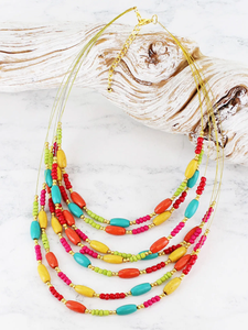 Multi Strand Wood & Resin Necklace - Mixed Colours