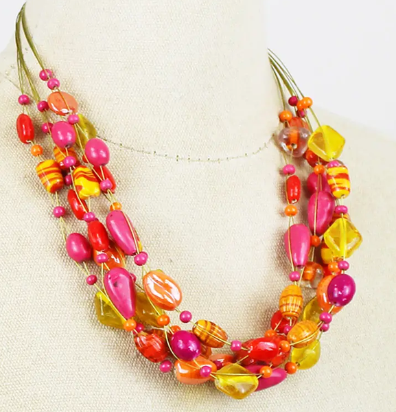 Multi Strand Glass & Resin Necklace - Yellow/Orange/Pink