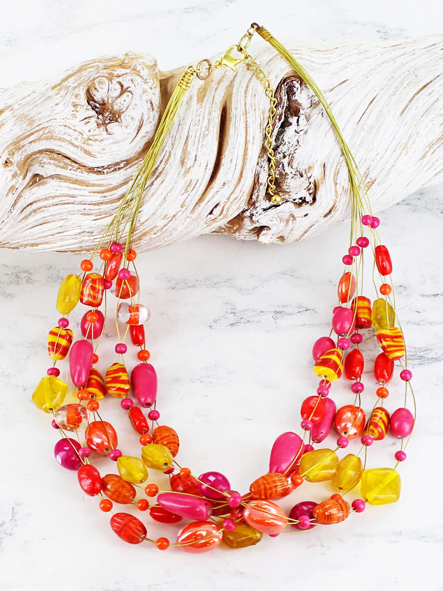 Multi Strand Glass & Resin Necklace - Yellow/Orange/Pink