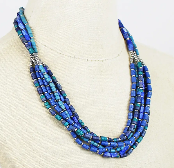 Multi Strand Resin & Bead Necklace - Blues & Greens