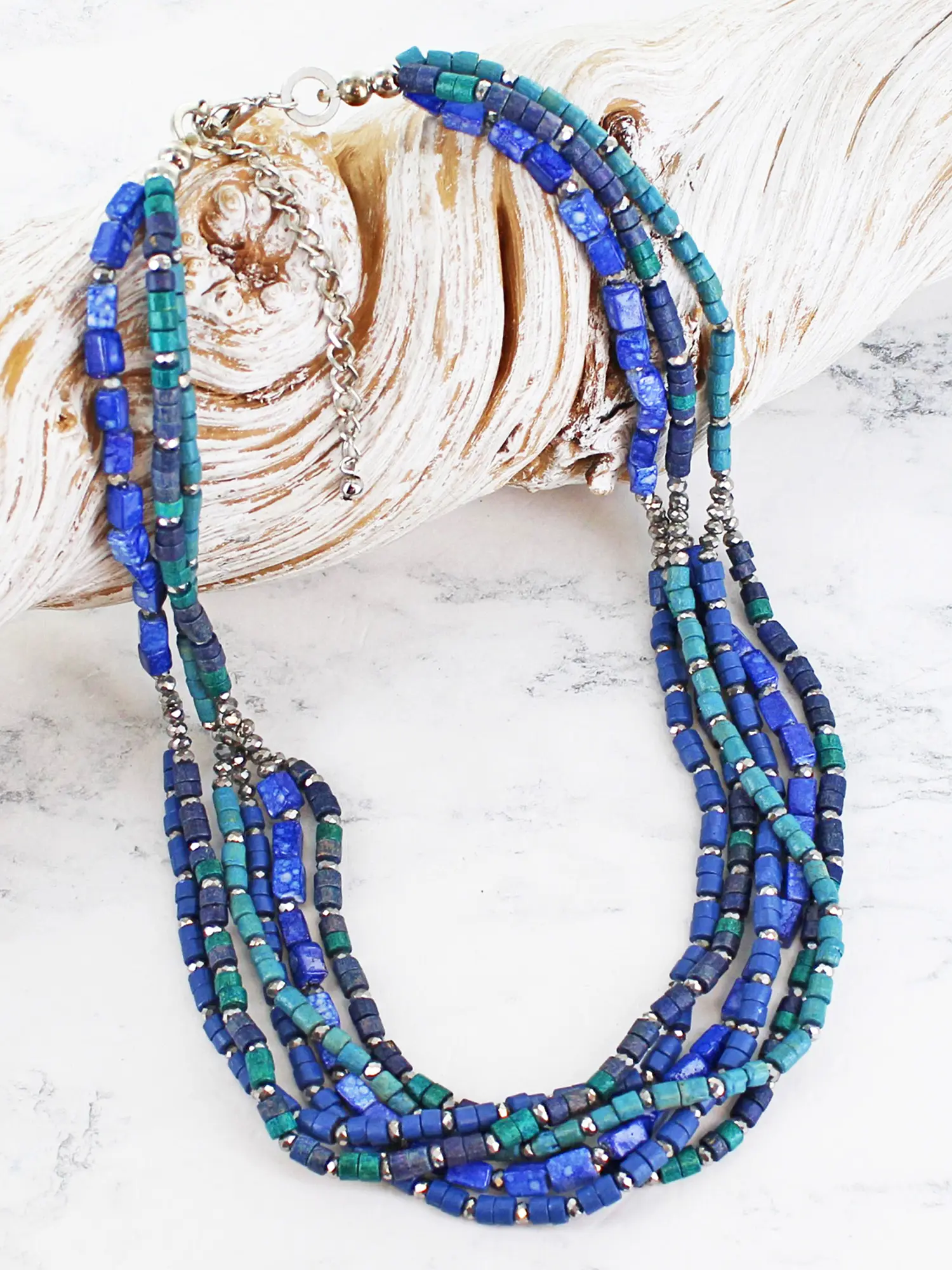 Multi Strand Resin & Bead Necklace - Blues & Greens