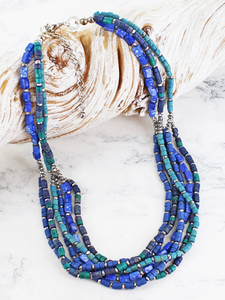 Multi Strand Resin & Bead Necklace - Blues & Greens