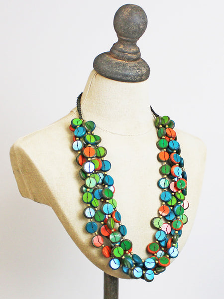 Chunky Wooden Bead & Sequin Necklace - Green Multi