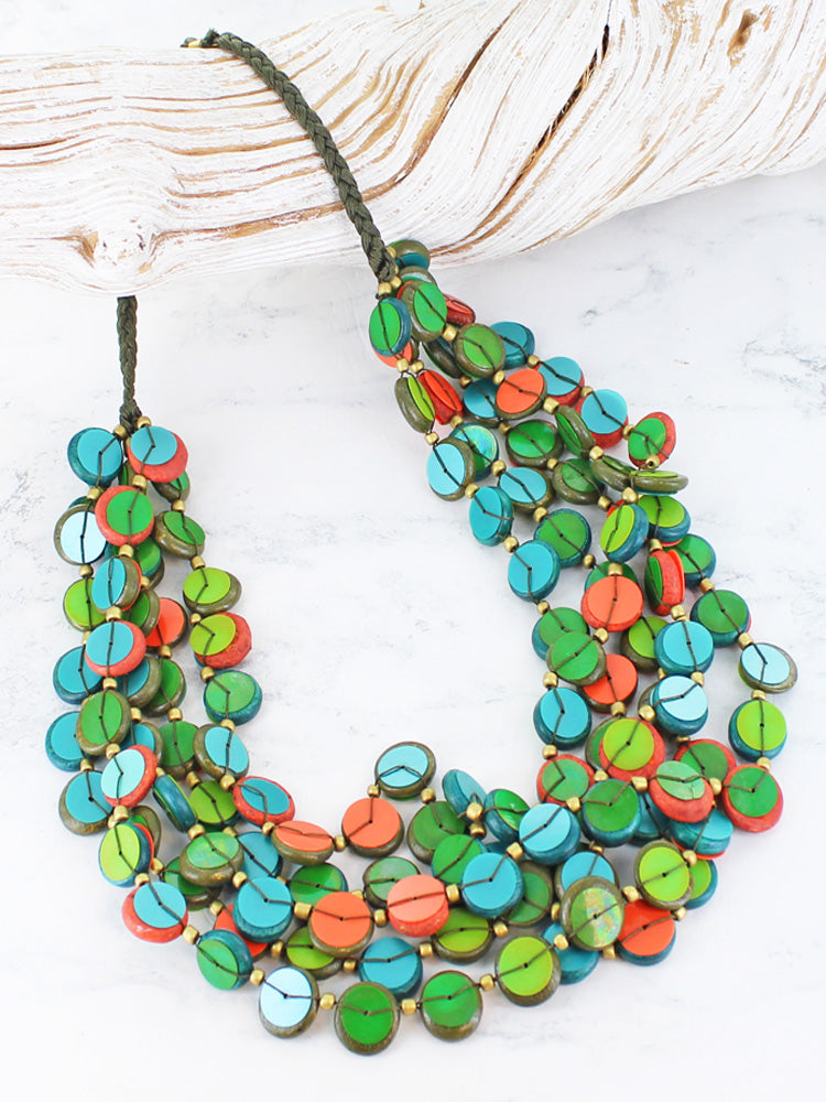 Chunky Wooden Bead & Sequin Necklace - Green Multi