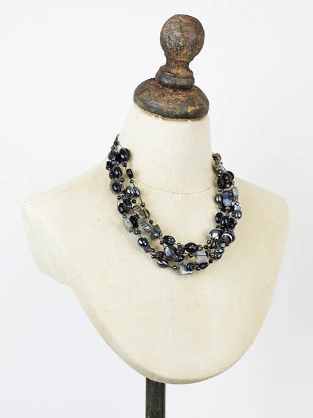 Mixed Glass Bead Cluster Necklace - Black