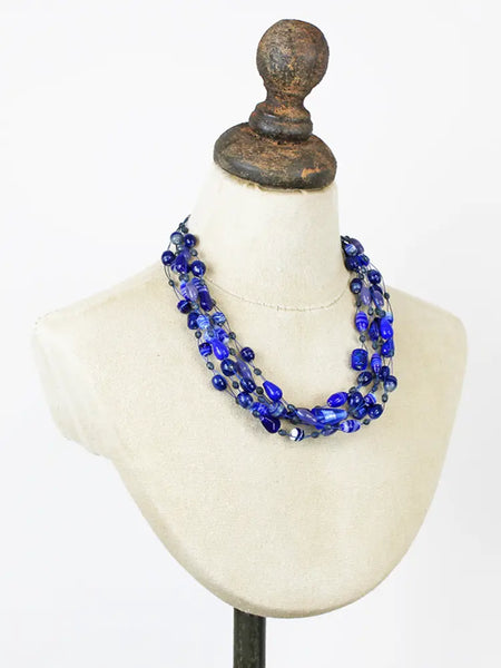 Mixed Glass Bead Cluster Necklace - Blue