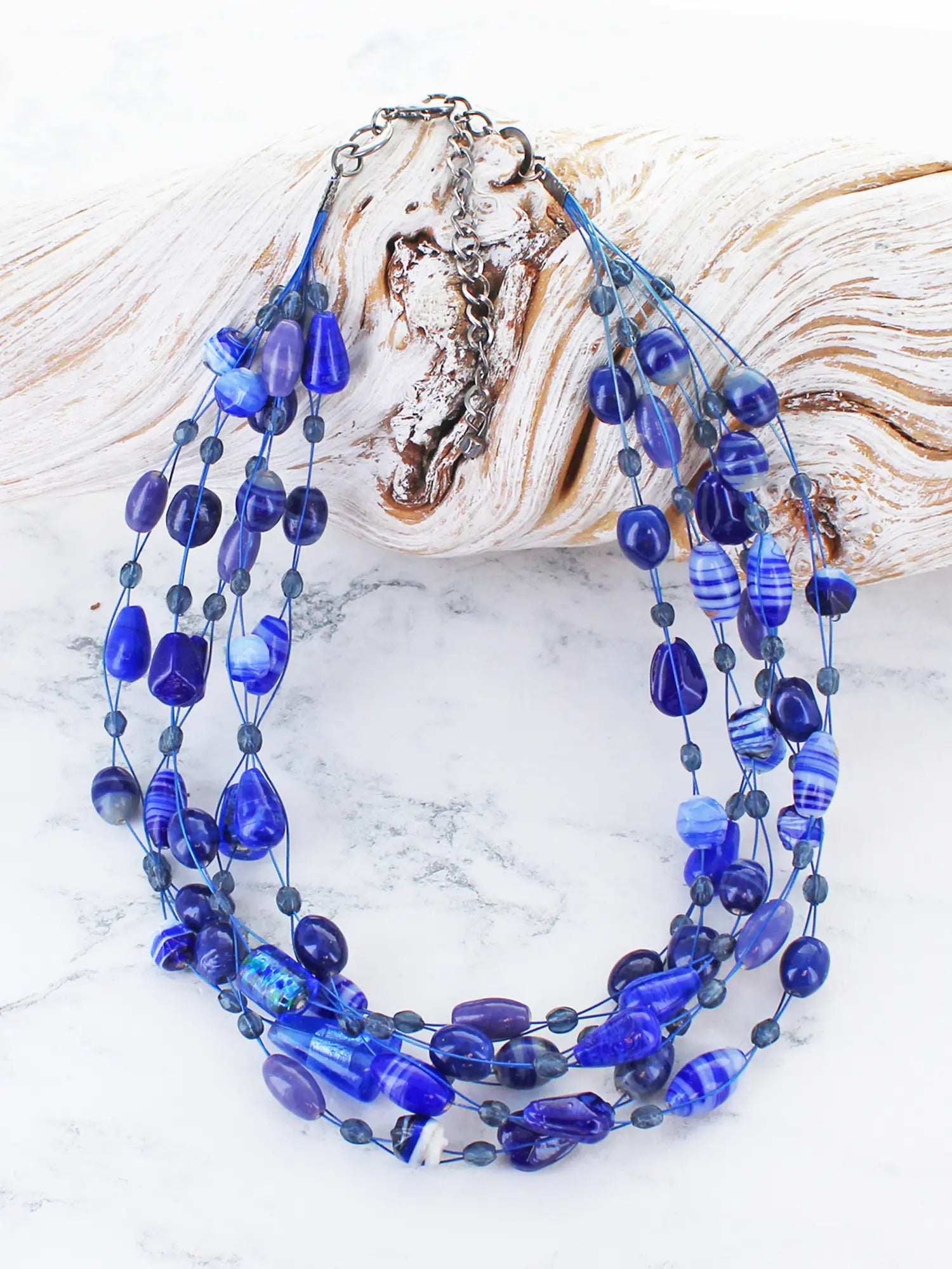 Mixed Glass Bead Cluster Necklace - Blue