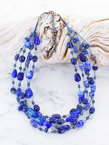 Mixed Glass Bead Cluster Necklace - Blue