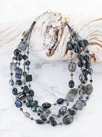 Mixed Glass Bead Cluster Necklace - Black