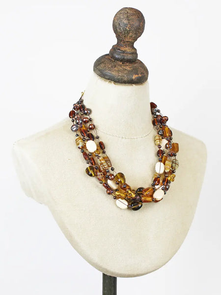 Mixed Glass Bead Cluster Necklace - Brown
