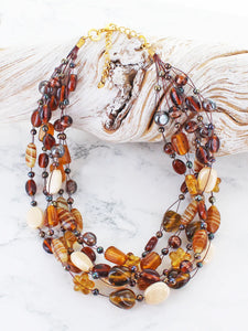 Mixed Glass Bead Cluster Necklace - Brown